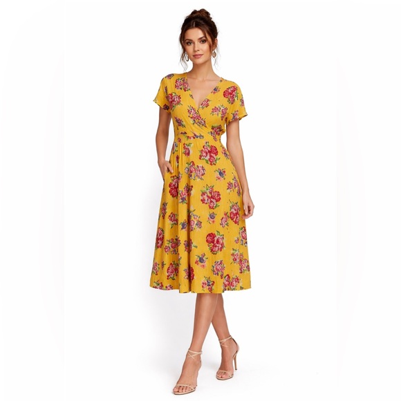 Matilda Jane Dresses & Skirts - MATILDA JANE Yellow Red Floral Wrap Midi Dress Size XL